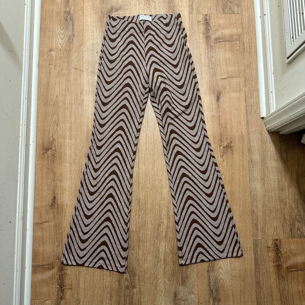 URBAN OUTFITTERS | Brown Beige Wavy Print Retro 70s Flare Wide Leg Pants, Size S - Picture 2 of 7
